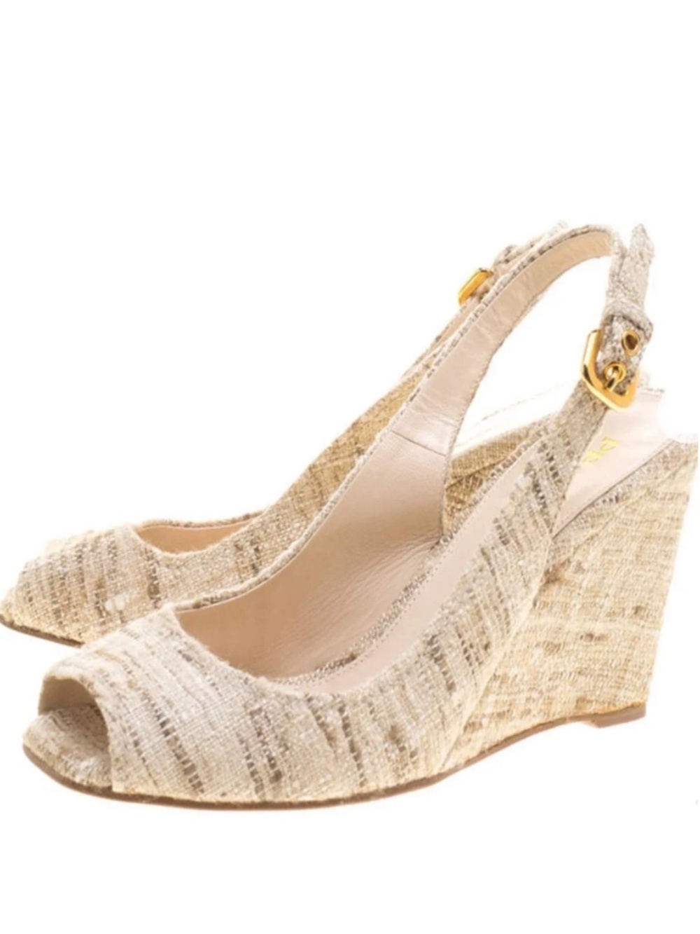 Prada Beige Tweed Fabric Peep Toe Slingback Wedge Sandals Size 37.5